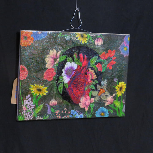 Biophilia Art: Floral Heart Canvas Painting, Glitter Finish