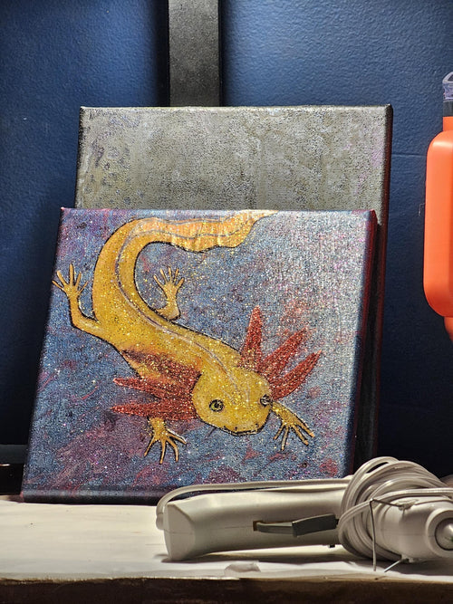 Azul the Axolotl - wall hanging, art, painting, drawing